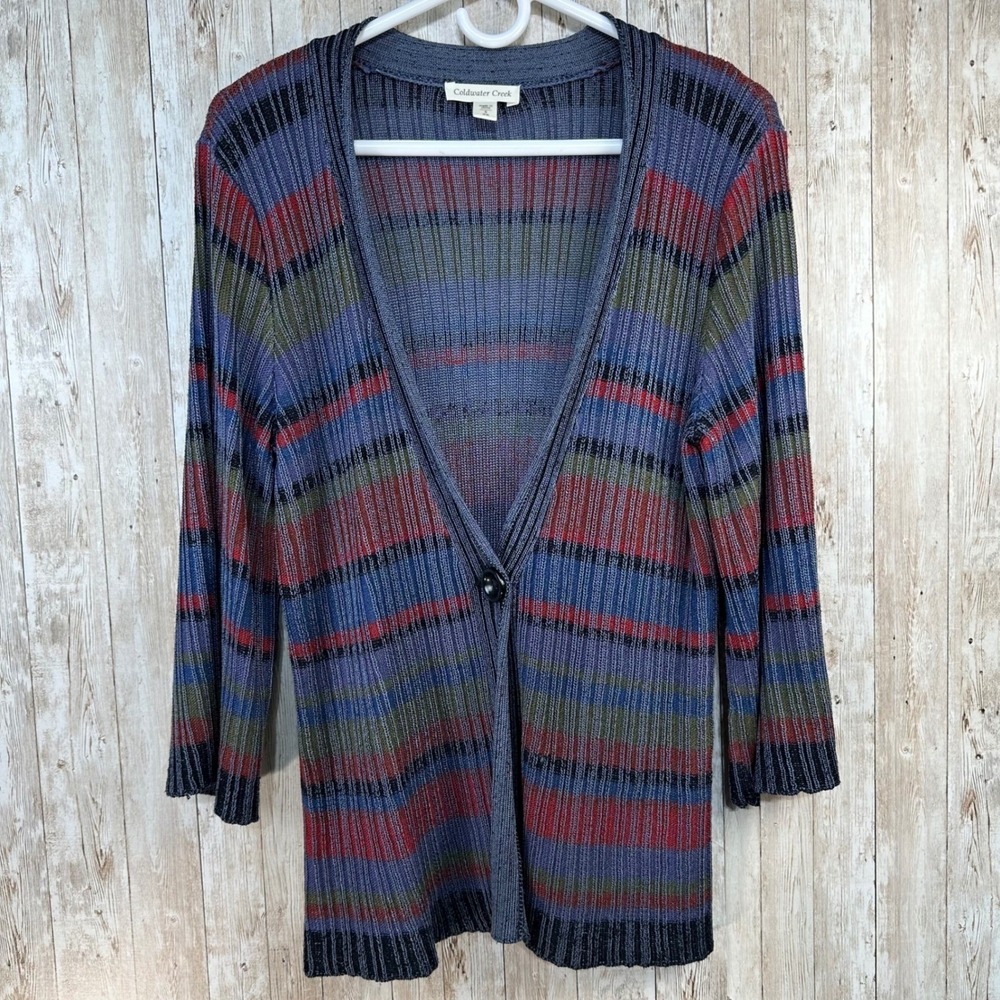 Coldwater Creek Womens Striped Knit Cardigan Sweater Blue Red Green Button  sz S